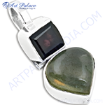 Load image into Gallery viewer, Sterling silver gemstone pendant with a dark square cut and heart shaped green gemstone.