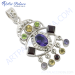Load image into Gallery viewer, 925 sterling silver multi-gemstone pendant with various colorful gemstones in an eye-shaped design.