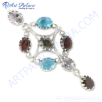 Load image into Gallery viewer, 925 sterling silver gemstone pendant with amethyst, garnet, and blue topaz stones