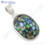 Load image into Gallery viewer, 925 sterling silver abalone shell pendant with mosaic gemstone inlay and iridescent colors.