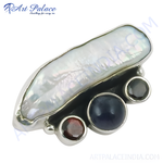Load image into Gallery viewer, Sterling silver ring with a white pearl and three colorful gemstones.
