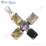 Load image into Gallery viewer, 925 sterling silver cross pendant with amethyst and citrine gemstones, black onyx