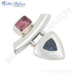 Load image into Gallery viewer, Sterling silver gemstone ring featuring a pink tourmaline and blue sapphire stones.
