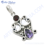 Load image into Gallery viewer, 925 sterling silver amethyst and garnet gemstone pendant, teardrop purple stone, fancy design.