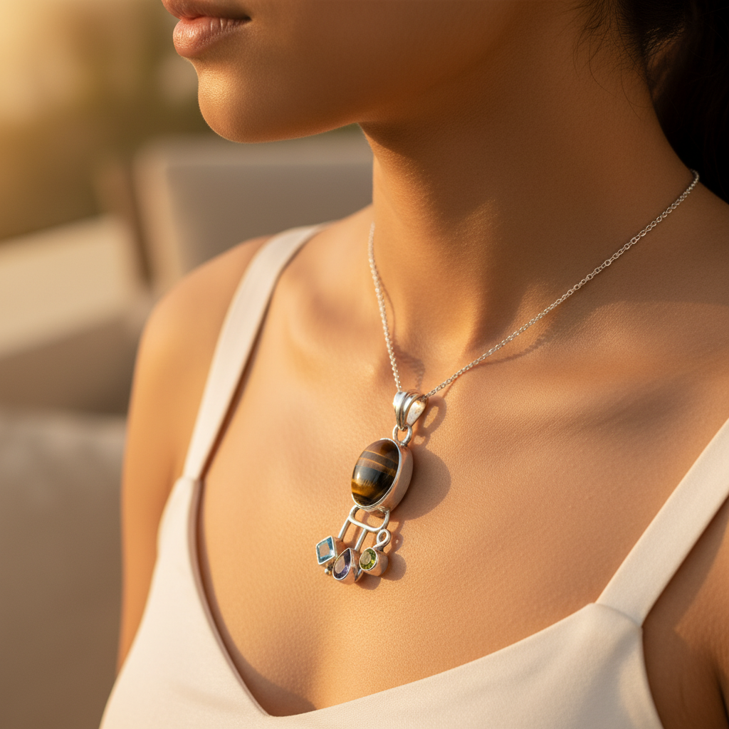 925 sterling silver tiger eye gemstone pendant with peridot, amethyst, and blue topaz accents