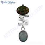 将图像加载到图库查看器中, Sterling silver pendant necklace featuring an oval green and red unakite stone and a grey agate stone.