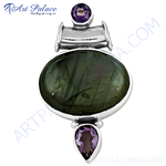Load image into Gallery viewer, 925 sterling silver labradorite and amethyst pendant, green and purple gemstone jewelry