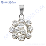 Load image into Gallery viewer, Sterling silver pendant necklace with a flower design and round cubic zirconia gemstones