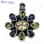 Load image into Gallery viewer, 925 sterling silver floral pendant necklace with multiple colorful gemstones, for women.