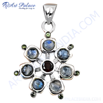 Load image into Gallery viewer, 925 sterling silver gemstone pendant with moonstones and central garnet stone, snowflake design