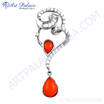 Load image into Gallery viewer, Sterling silver pendant necklace with vibrant orange coral gemstones.