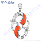 Load image into Gallery viewer, Sterling silver pendant necklace with bright orange coral gemstones and clear cubic zirconia accents