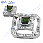 Load image into Gallery viewer, 925 sterling silver square stud earrings with green gemstones and white cubic zirconia accents