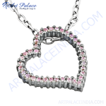 Load image into Gallery viewer, Sterling silver heart pendant necklace with pink sapphires, perfect for women's jewelry collection.