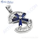 Load image into Gallery viewer, Sterling silver cross pendant with blue sapphire gemstone accents and baguette cut cubic zirconia