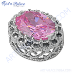 Load image into Gallery viewer, Sterling silver ring with a large oval-cut pink gemstone for women's jewelry.