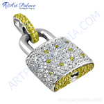 Load image into Gallery viewer, Sterling silver padlock pendant with sparkling cubic zirconia stones in yellow and clear colors.