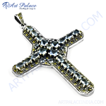 Load image into Gallery viewer, 925 sterling silver cross pendant with blue topaz gemstones and marcasite accents.