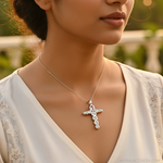 Load image into Gallery viewer, Silver Cross Pendant with Pink & White Gemstones | Gift for Her
