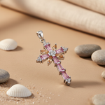将图像加载到图库查看器中, 925 Silver Pink & Yellow Gemstone Cross Pendant for Women