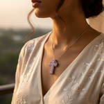 Load image into Gallery viewer, Silver Cross Pendant with Pink & White Gemstones | Gift for Her