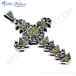 Load image into Gallery viewer, Sterling silver cross pendant with black and yellow gemstones, a beautiful and detailed piece of jewelry.