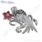 Load image into Gallery viewer, Silver bird brooch with red ruby flower and black gemstones, perfect for women