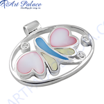 Load image into Gallery viewer, 925 sterling silver butterfly pendant with pink and blue enamel and mother of pearl accents
