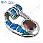 Load image into Gallery viewer, 925 sterling silver pendant with blue opal and a red garnet gemstone, ideal for women.