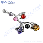 Load image into Gallery viewer, Silver pendant with colorful gemstones. Silver branch design, red, pink, purple, black, and yellow gemstones.