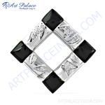 Load image into Gallery viewer, Sterling silver geometric pendant necklace with black onyx accents, a modern design for women.