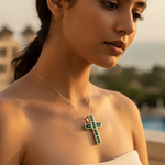 Load image into Gallery viewer, 925 Silver Cross Pendant Necklace with Green Gemstone | Gift
