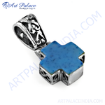 Load image into Gallery viewer, Sterling silver cross pendant with a blue gemstone center for women.