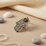 将图像加载到图库查看器中, 925 Silver Hamsa Hand Pendant with Garnet | Protection Jewelry