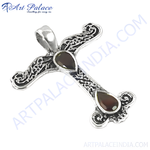 Load image into Gallery viewer, 925 Sterling Silver Cross Pendant with pear-shaped garnet gemstones. Elegant religious jewelry.