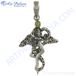 Load image into Gallery viewer, 925 sterling silver angel wing pendant with a green gemstone, ideal for women