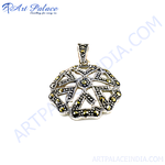 Load image into Gallery viewer, Sterling silver marcasite pendant with intricate geometric design and sparkling stones.