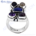 将图像加载到图库查看器中, Sterling silver ring with multiple colorful gemstones, including amethyst and lapis lazuli. Statement ring design.