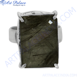 Load image into Gallery viewer, Sterling silver ring featuring a rectangular rutile quartz gemstone with dark inclusions.