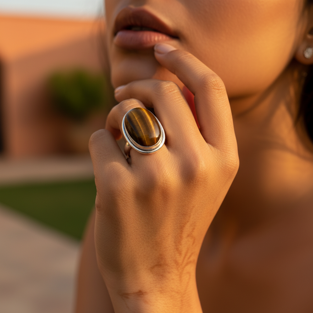 925 sterling silver ring with oval tiger eye stone, brown and gold plating gemstone