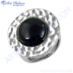 Load image into Gallery viewer, Sterling silver hammered ring with a large round black gemstone set in the center.