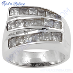 Load image into Gallery viewer, Silver statement ring with multiple rows of square-cut, clear cubic zirconia stones.