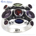 将图像加载到图库查看器中, Sterling silver gemstone ring featuring amethyst, garnet, and other colorful gemstones; a statement piece.