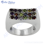 Load image into Gallery viewer, Sterling silver ring with a rectangular cluster of colorful gemstones. Features amethyst, garnet, peridot, and other stones.