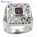 Load image into Gallery viewer, 925 sterling silver mens ring with a square purple amethyst gemstone and intricate filigree design.
