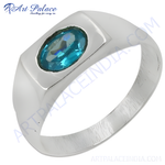 Load image into Gallery viewer, Sterling silver men's signet ring with oval-cut blue topaz gemstone center