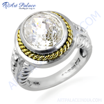 Load image into Gallery viewer, Sterling silver ring with a large clear cubic zirconia gemstone and gold rope detail.
