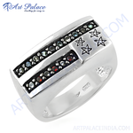 Load image into Gallery viewer, 925 sterling silver rectangle ring with blue and red gemstones for men.