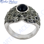 Load image into Gallery viewer, Sterling silver ring with a large black gemstone center and sparkling accents for women.