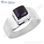 Load image into Gallery viewer, Sterling silver men's ring with a square-cut, deep purple amethyst gemstone set in a polished silver band.